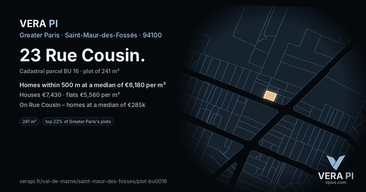 23 Rue Cousin, Saint-Maur-des-Fossés at night – the plot lit, the parcels around coloured by the prices near them