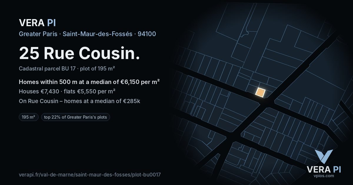 25 Rue Cousin, Saint-Maur-des-Fossés at night – the plot lit, the parcels around coloured by the prices near them