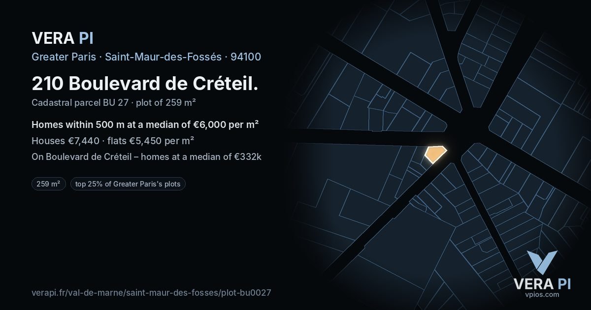 210 Boulevard de Créteil, Saint-Maur-des-Fossés at night – the plot lit, the parcels around coloured by the prices near them