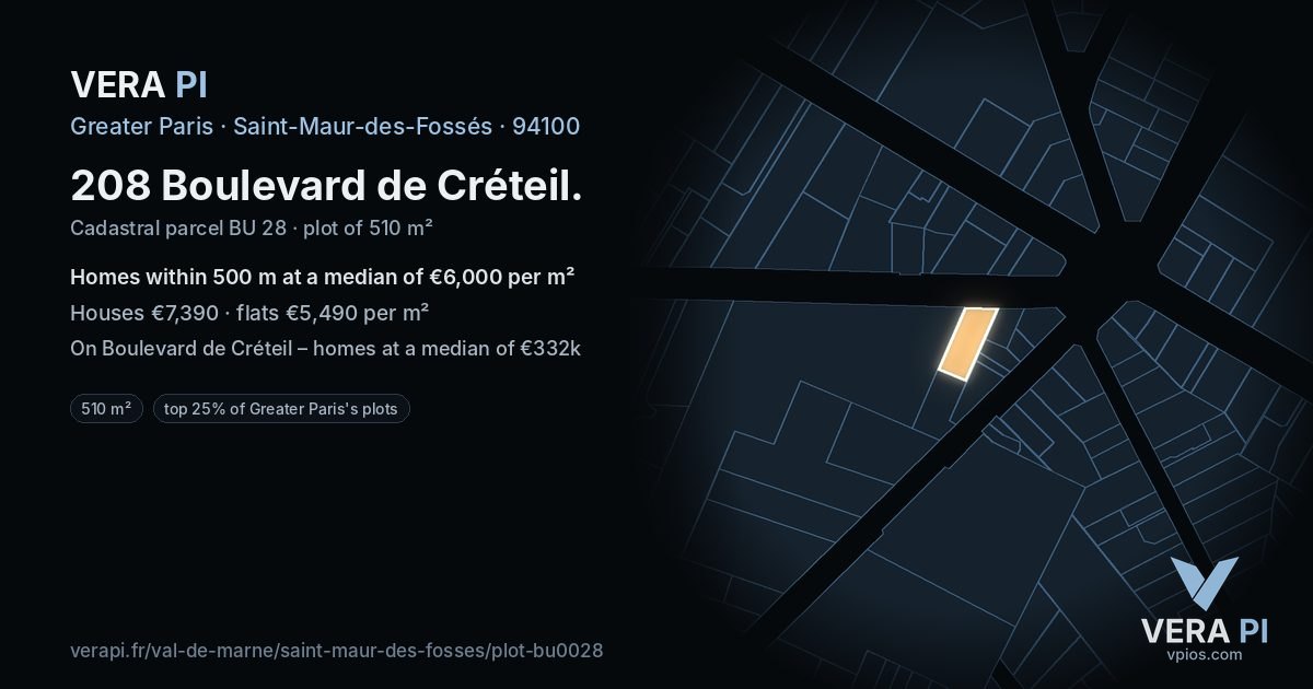 208 Boulevard de Créteil, Saint-Maur-des-Fossés at night – the plot lit, the parcels around coloured by the prices near them