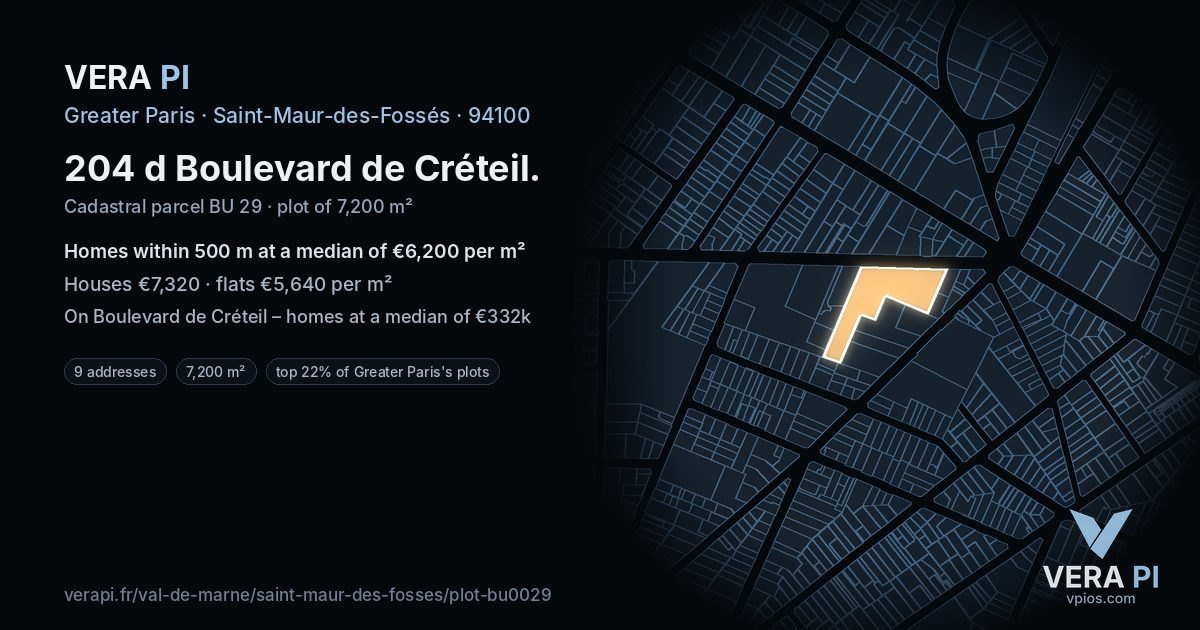 204 d Boulevard de Créteil, Saint-Maur-des-Fossés at night – the plot lit, the parcels around coloured by the prices near them
