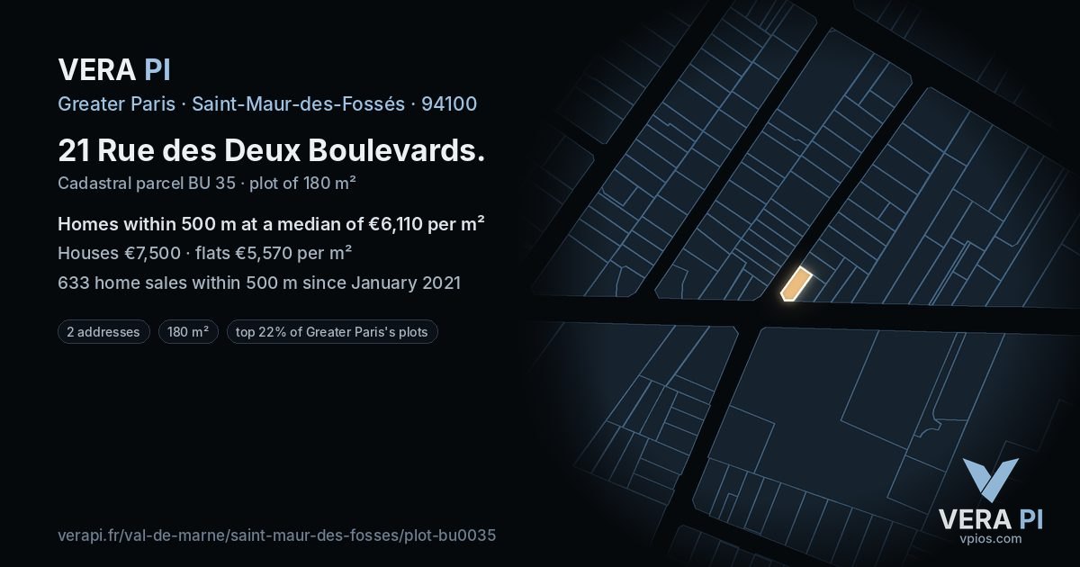 21 Rue des Deux Boulevards, Saint-Maur-des-Fossés at night – the plot lit, the parcels around coloured by the prices near them