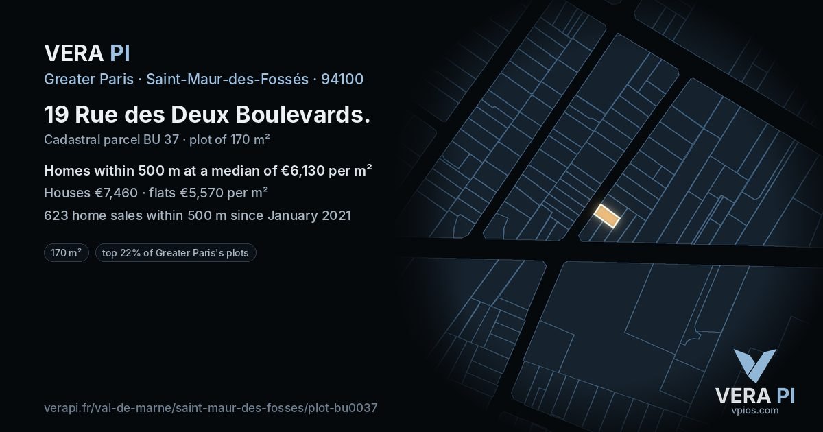 19 Rue des Deux Boulevards, Saint-Maur-des-Fossés at night – the plot lit, the parcels around coloured by the prices near them