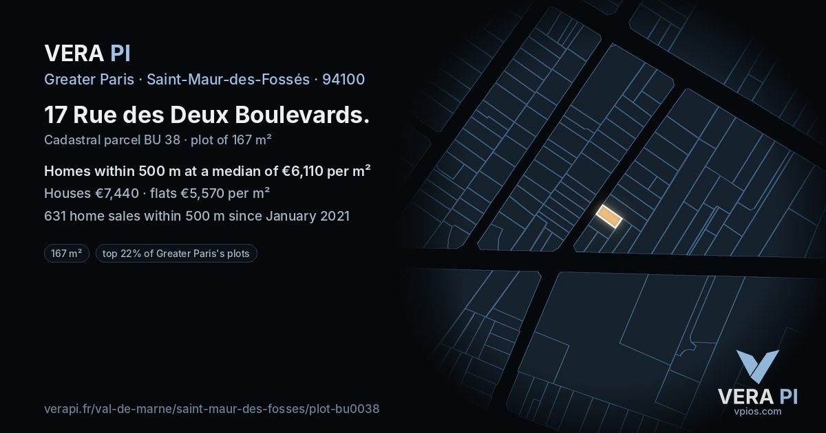 17 Rue des Deux Boulevards, Saint-Maur-des-Fossés at night – the plot lit, the parcels around coloured by the prices near them
