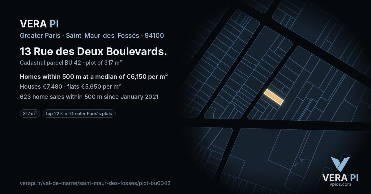 13 Rue des Deux Boulevards, Saint-Maur-des-Fossés at night – the plot lit, the parcels around coloured by the prices near them