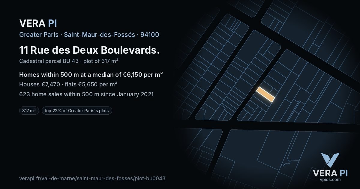 11 Rue des Deux Boulevards, Saint-Maur-des-Fossés at night – the plot lit, the parcels around coloured by the prices near them
