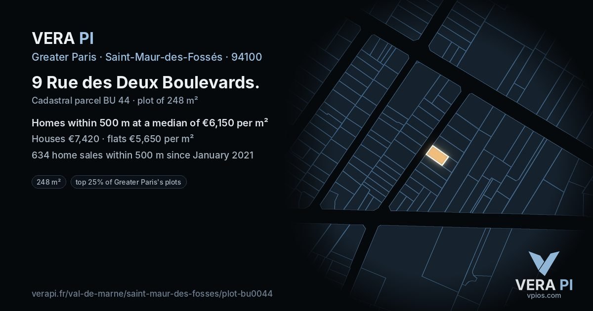 9 Rue des Deux Boulevards, Saint-Maur-des-Fossés at night – the plot lit, the parcels around coloured by the prices near them
