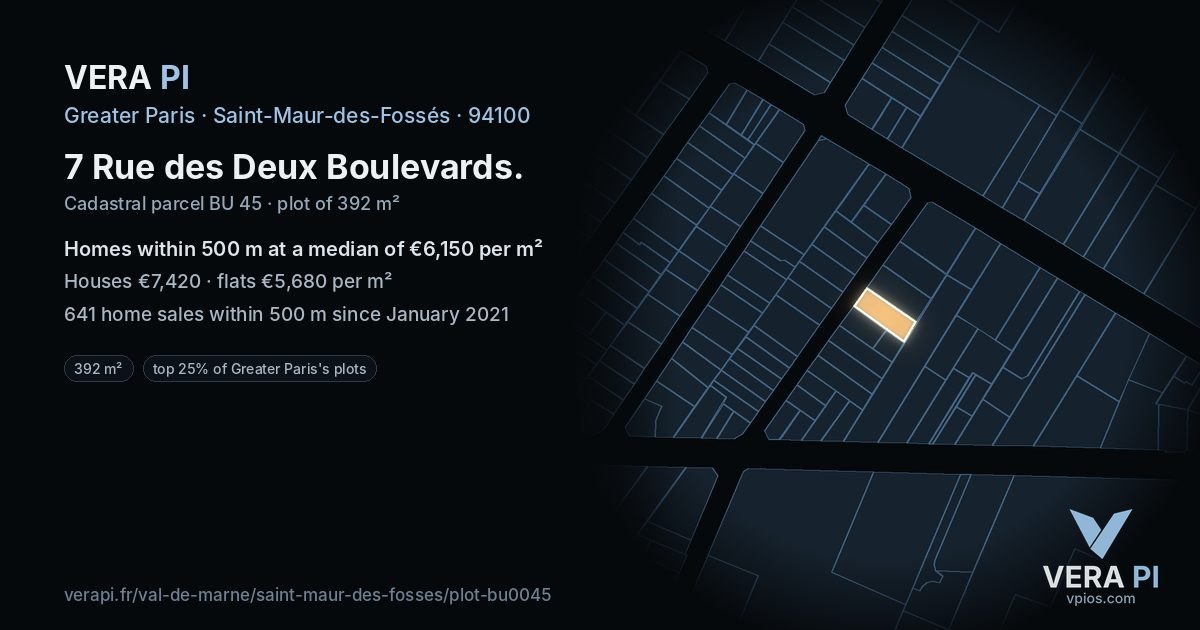 7 Rue des Deux Boulevards, Saint-Maur-des-Fossés at night – the plot lit, the parcels around coloured by the prices near them