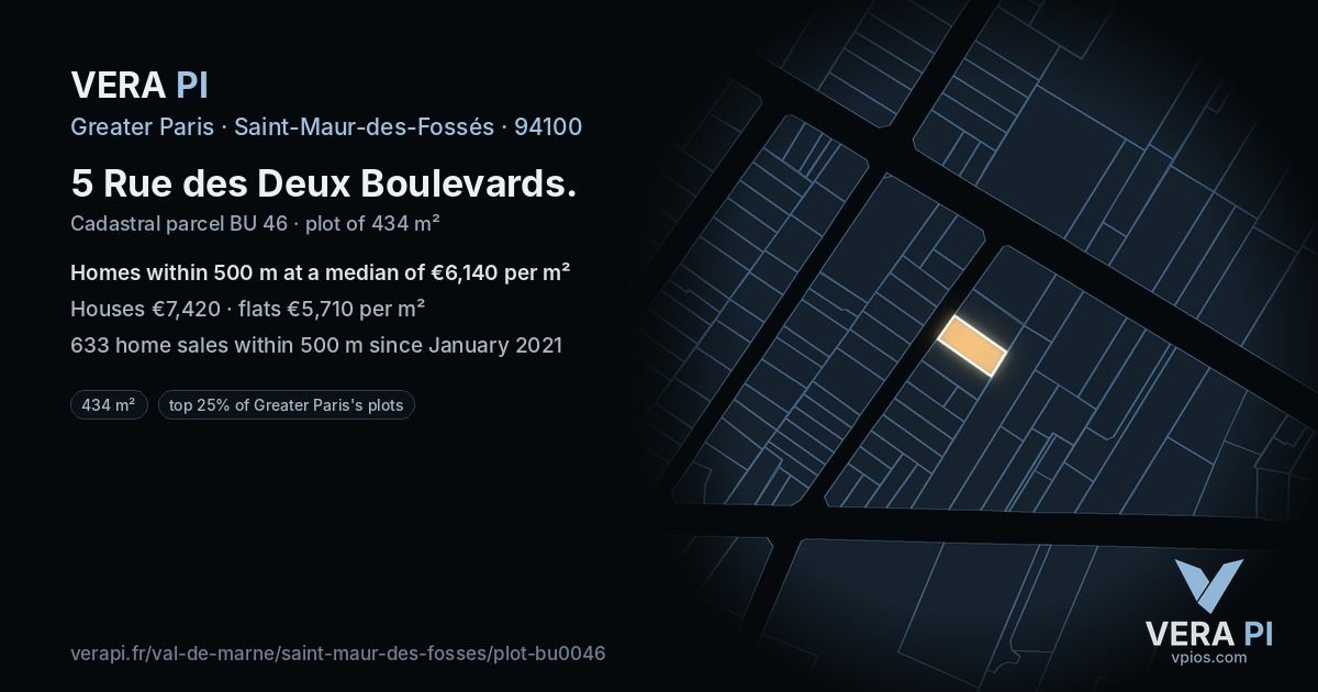 5 Rue des Deux Boulevards, Saint-Maur-des-Fossés at night – the plot lit, the parcels around coloured by the prices near them