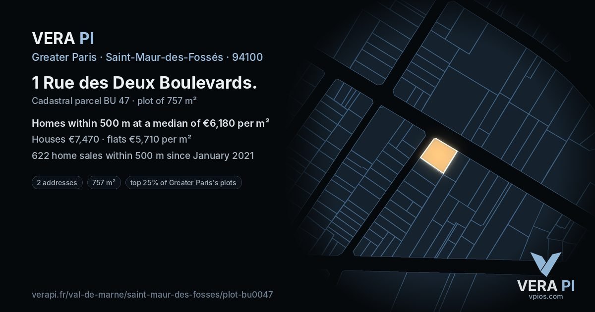 1 Rue des Deux Boulevards, Saint-Maur-des-Fossés at night – the plot lit, the parcels around coloured by the prices near them