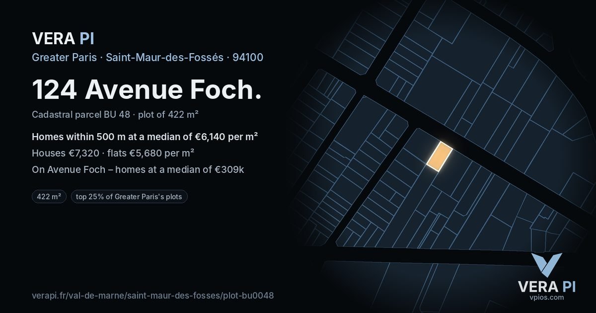 124 Avenue Foch, Saint-Maur-des-Fossés at night – the plot lit, the parcels around coloured by the prices near them
