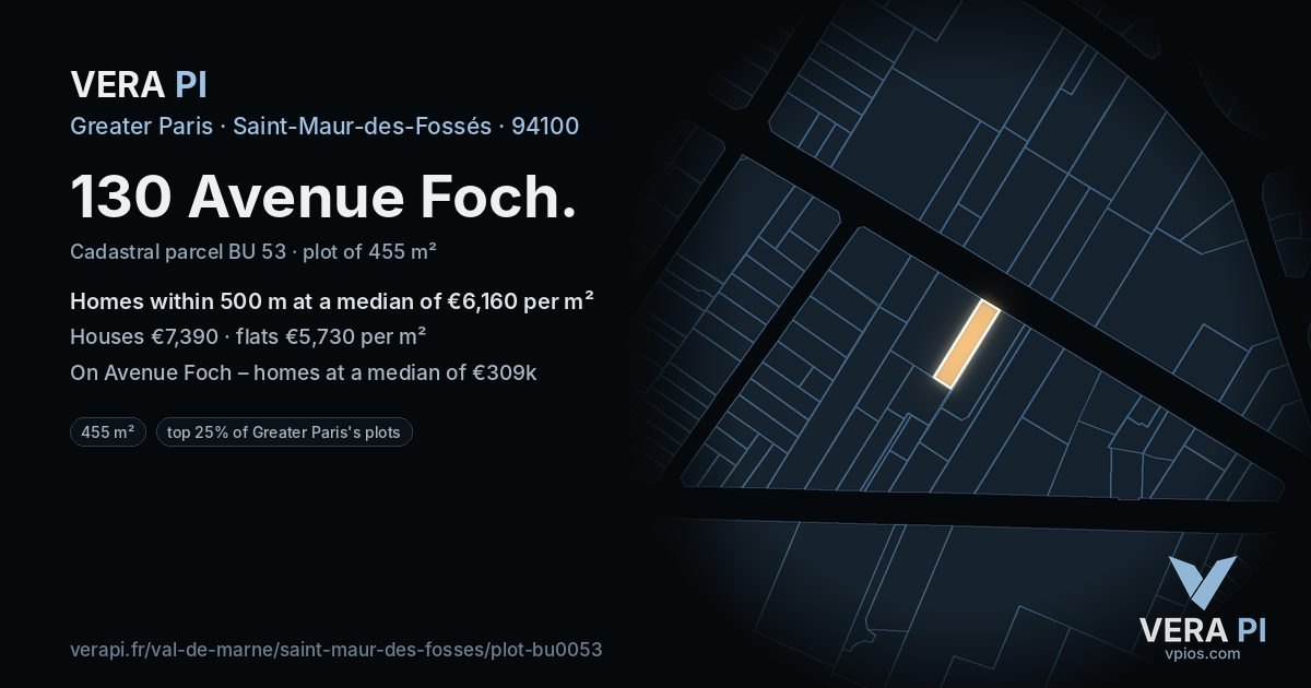 130 Avenue Foch, Saint-Maur-des-Fossés at night – the plot lit, the parcels around coloured by the prices near them