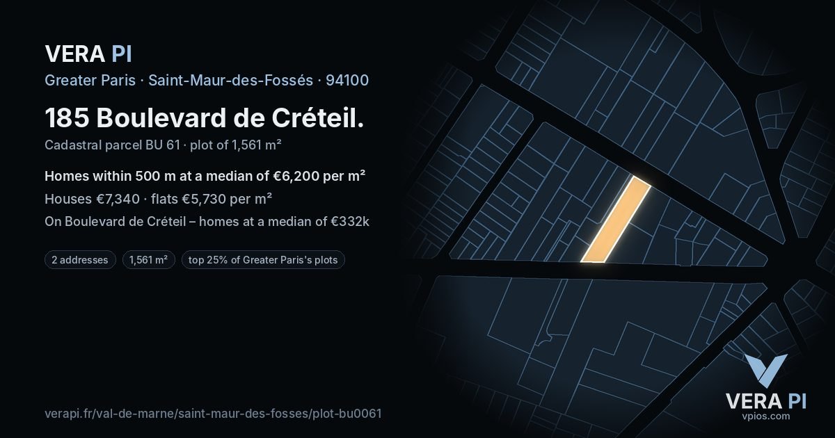 185 Boulevard de Créteil, Saint-Maur-des-Fossés at night – the plot lit, the parcels around coloured by the prices near them