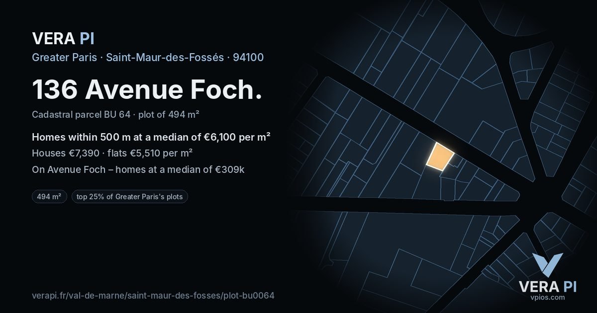 136 Avenue Foch, Saint-Maur-des-Fossés at night – the plot lit, the parcels around coloured by the prices near them