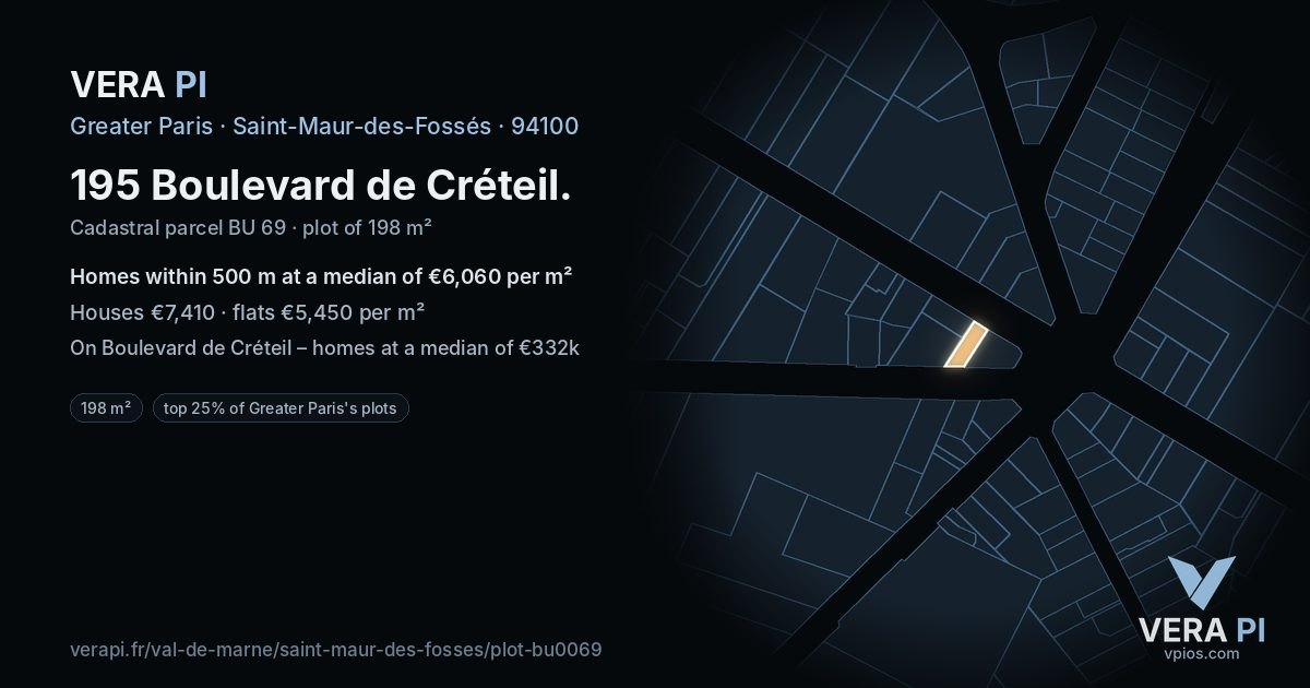 195 Boulevard de Créteil, Saint-Maur-des-Fossés at night – the plot lit, the parcels around coloured by the prices near them