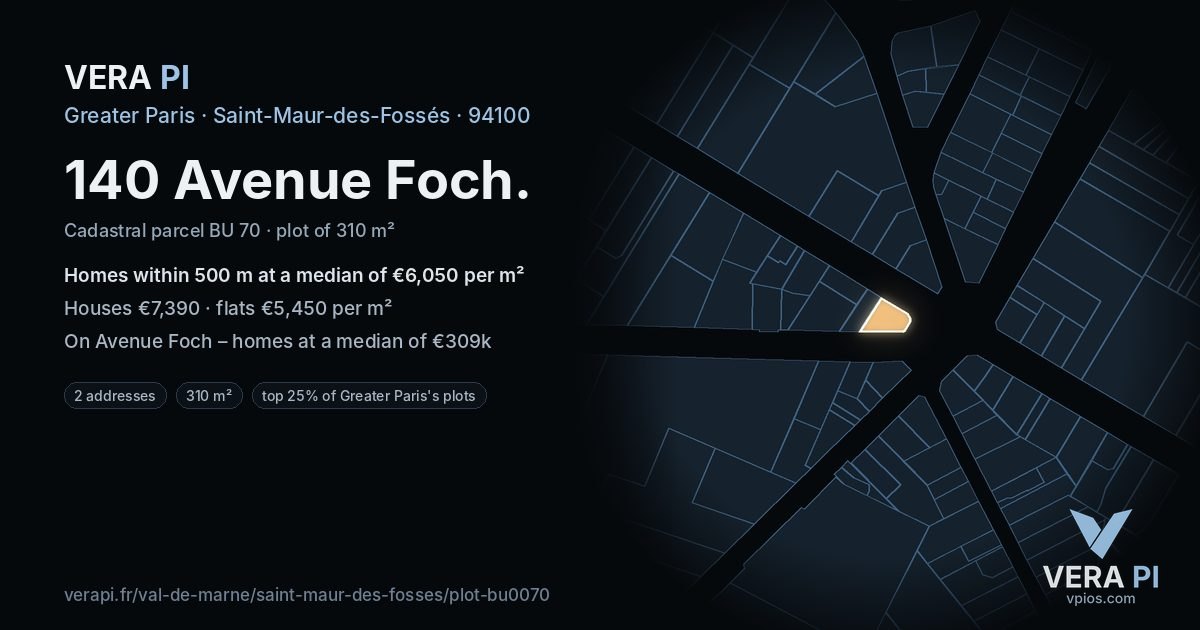 140 Avenue Foch, Saint-Maur-des-Fossés at night – the plot lit, the parcels around coloured by the prices near them