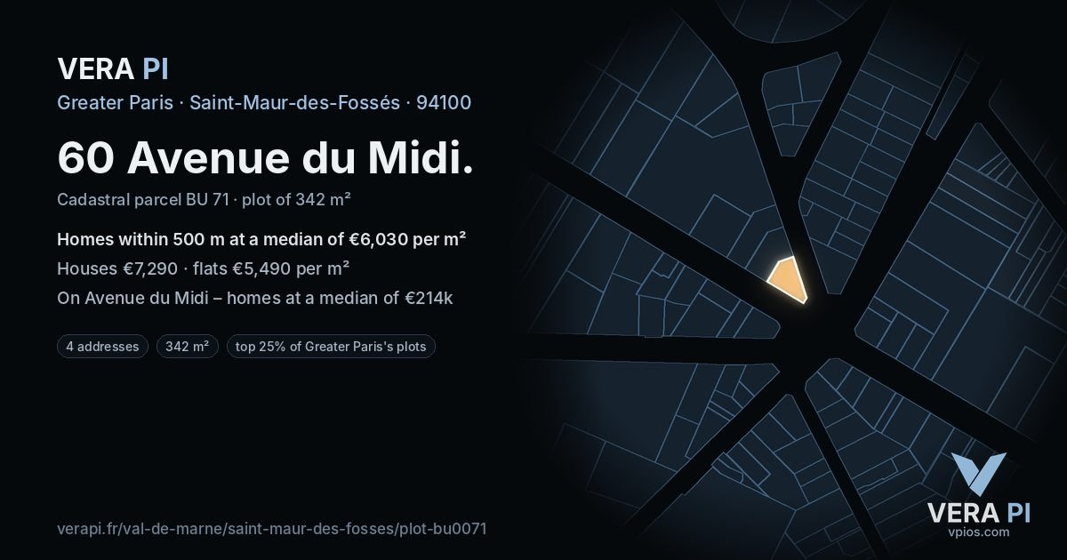 60 Avenue du Midi, Saint-Maur-des-Fossés at night – the plot lit, the parcels around coloured by the prices near them