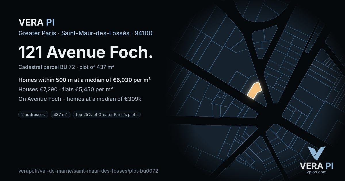 121 Avenue Foch, Saint-Maur-des-Fossés at night – the plot lit, the parcels around coloured by the prices near them