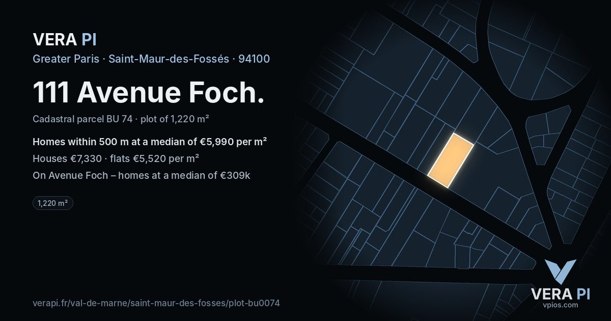 111 Avenue Foch, Saint-Maur-des-Fossés at night – the plot lit, the parcels around coloured by the prices near them