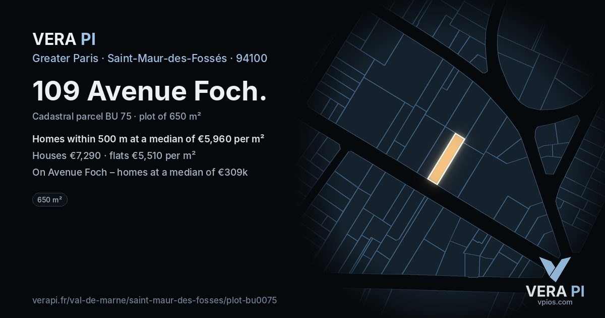 109 Avenue Foch, Saint-Maur-des-Fossés at night – the plot lit, the parcels around coloured by the prices near them