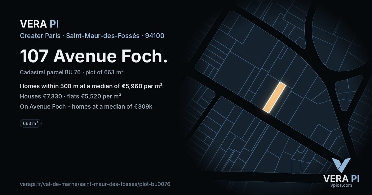 107 Avenue Foch, Saint-Maur-des-Fossés at night – the plot lit, the parcels around coloured by the prices near them