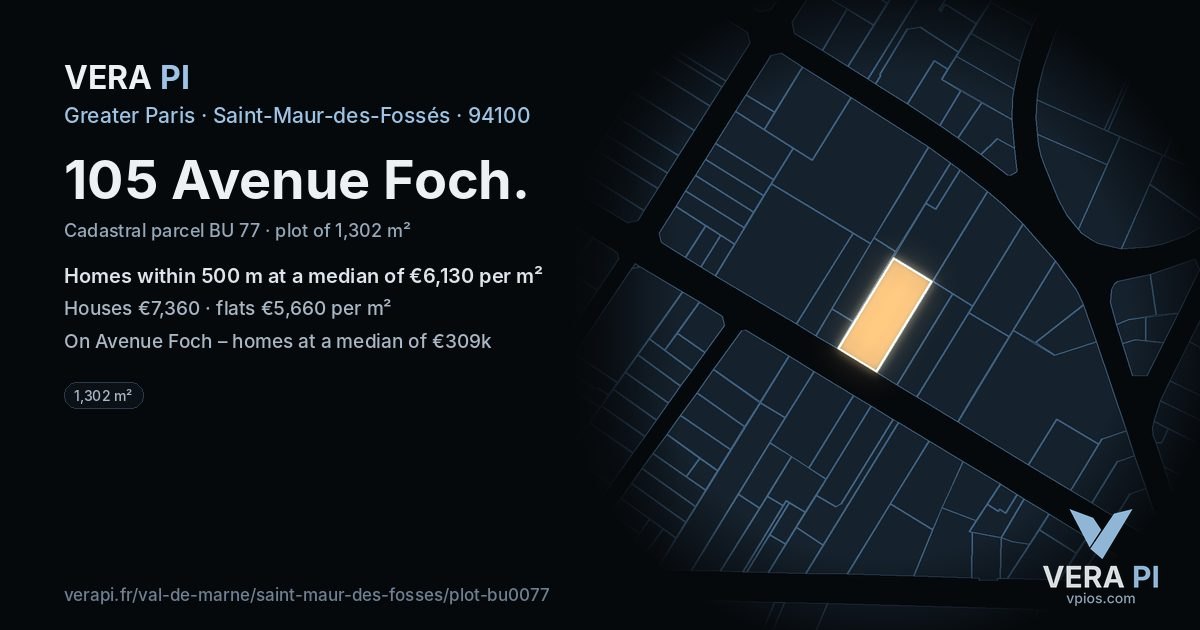 105 Avenue Foch, Saint-Maur-des-Fossés at night – the plot lit, the parcels around coloured by the prices near them