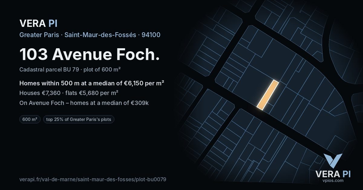 103 Avenue Foch, Saint-Maur-des-Fossés at night – the plot lit, the parcels around coloured by the prices near them