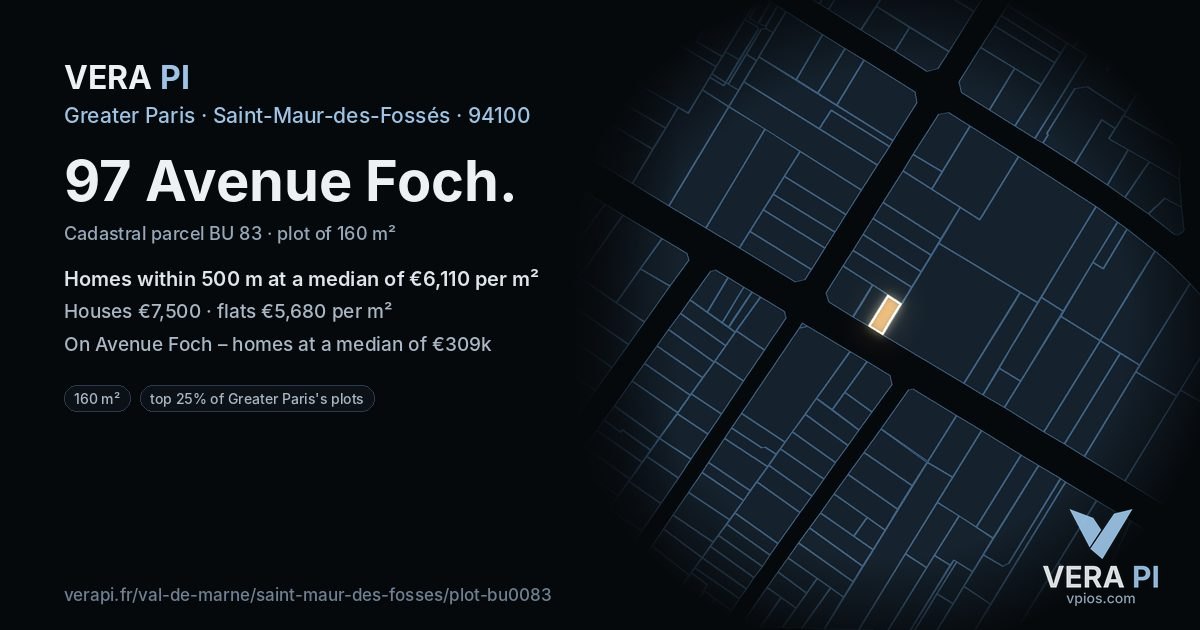 97 Avenue Foch, Saint-Maur-des-Fossés at night – the plot lit, the parcels around coloured by the prices near them