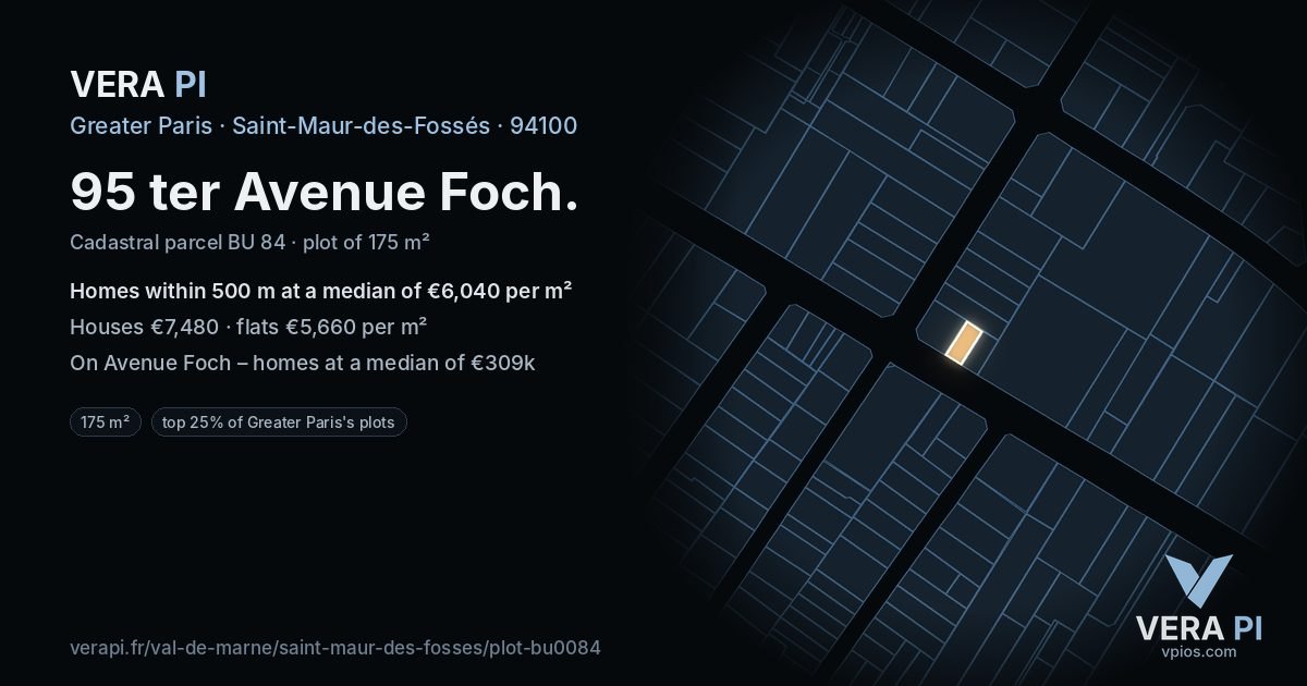 95 ter Avenue Foch, Saint-Maur-des-Fossés at night – the plot lit, the parcels around coloured by the prices near them