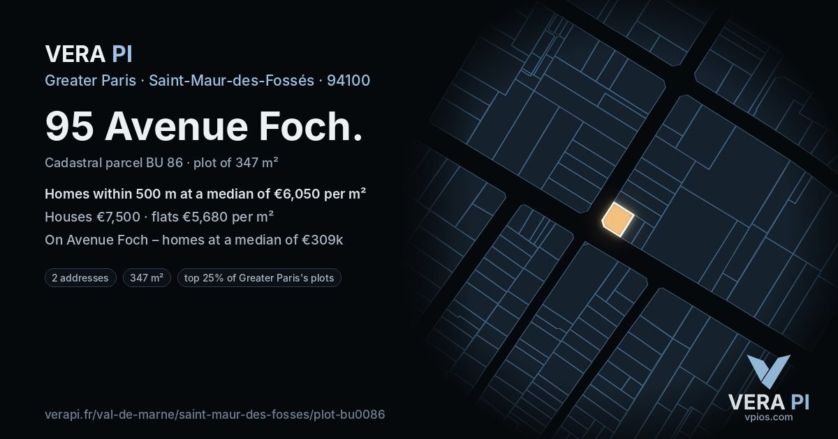 95 Avenue Foch, Saint-Maur-des-Fossés at night – the plot lit, the parcels around coloured by the prices near them