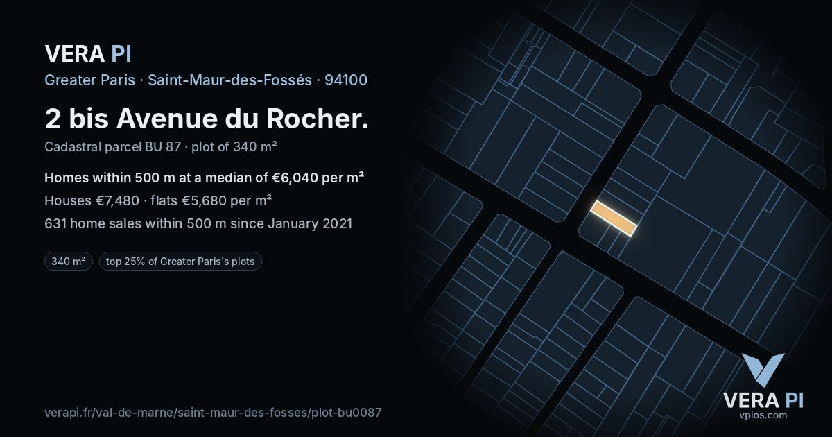 2 bis Avenue du Rocher, Saint-Maur-des-Fossés at night – the plot lit, the parcels around coloured by the prices near them