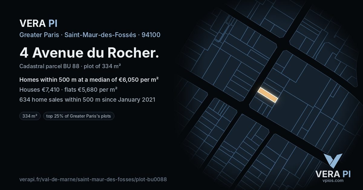 4 Avenue du Rocher, Saint-Maur-des-Fossés at night – the plot lit, the parcels around coloured by the prices near them