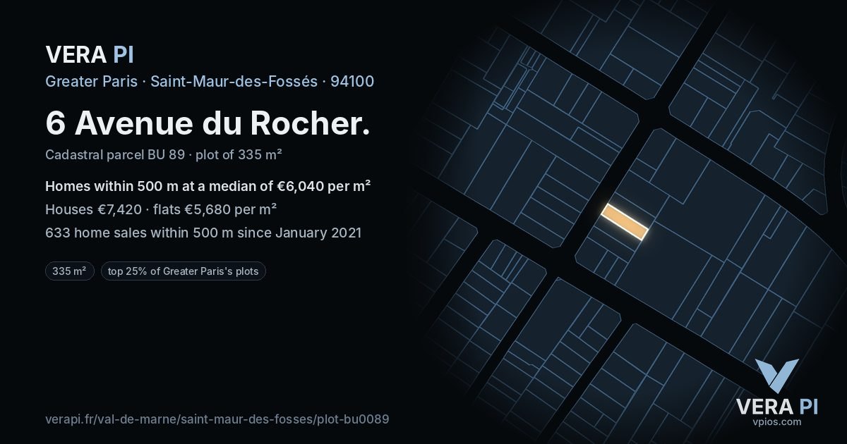 6 Avenue du Rocher, Saint-Maur-des-Fossés at night – the plot lit, the parcels around coloured by the prices near them