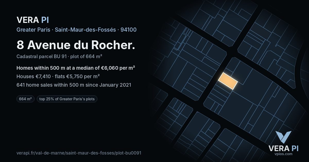 8 Avenue du Rocher, Saint-Maur-des-Fossés at night – the plot lit, the parcels around coloured by the prices near them