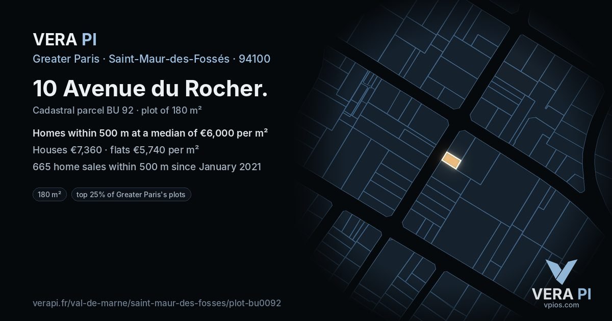 10 Avenue du Rocher, Saint-Maur-des-Fossés at night – the plot lit, the parcels around coloured by the prices near them