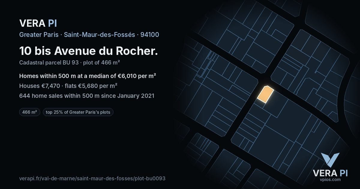 10 bis Avenue du Rocher, Saint-Maur-des-Fossés at night – the plot lit, the parcels around coloured by the prices near them