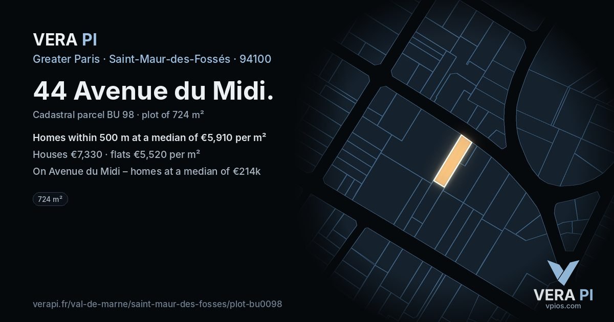 44 Avenue du Midi, Saint-Maur-des-Fossés at night – the plot lit, the parcels around coloured by the prices near them