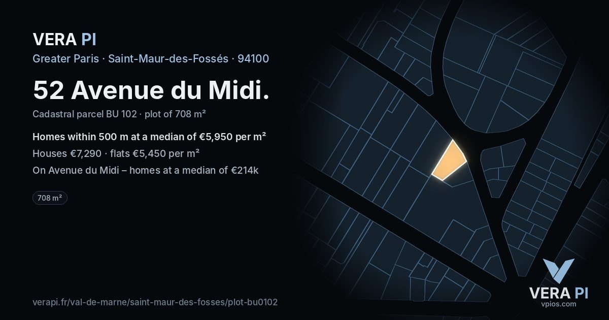 52 Avenue du Midi, Saint-Maur-des-Fossés at night – the plot lit, the parcels around coloured by the prices near them