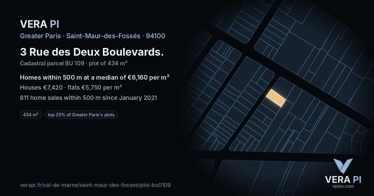 3 Rue des Deux Boulevards, Saint-Maur-des-Fossés at night – the plot lit, the parcels around coloured by the prices near them