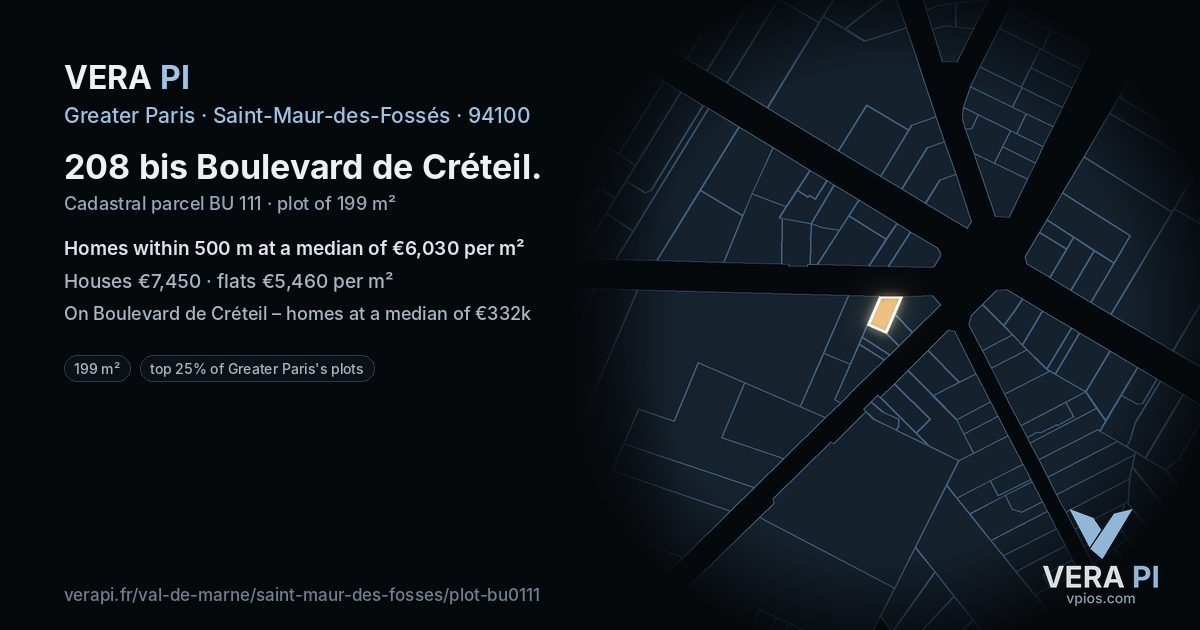 208 bis Boulevard de Créteil, Saint-Maur-des-Fossés at night – the plot lit, the parcels around coloured by the prices near them