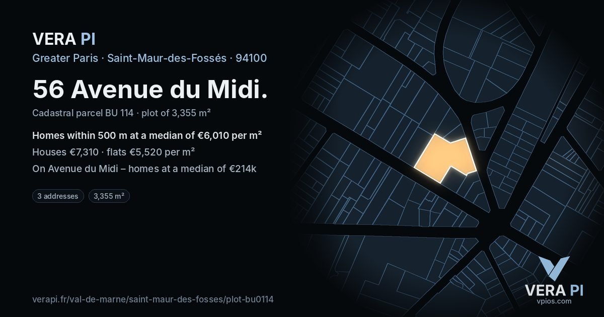 56 Avenue du Midi, Saint-Maur-des-Fossés at night – the plot lit, the parcels around coloured by the prices near them