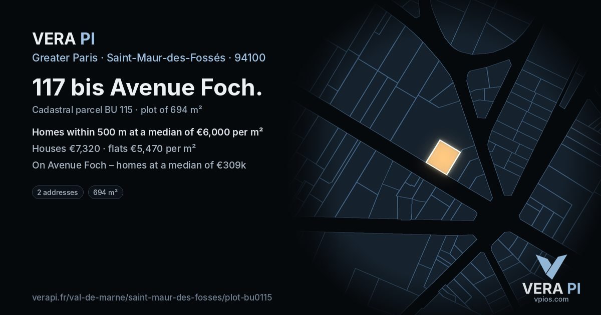 117 bis Avenue Foch, Saint-Maur-des-Fossés at night – the plot lit, the parcels around coloured by the prices near them