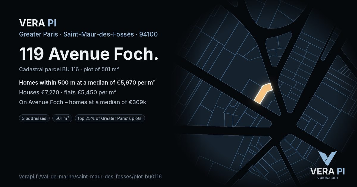 119 Avenue Foch, Saint-Maur-des-Fossés at night – the plot lit, the parcels around coloured by the prices near them