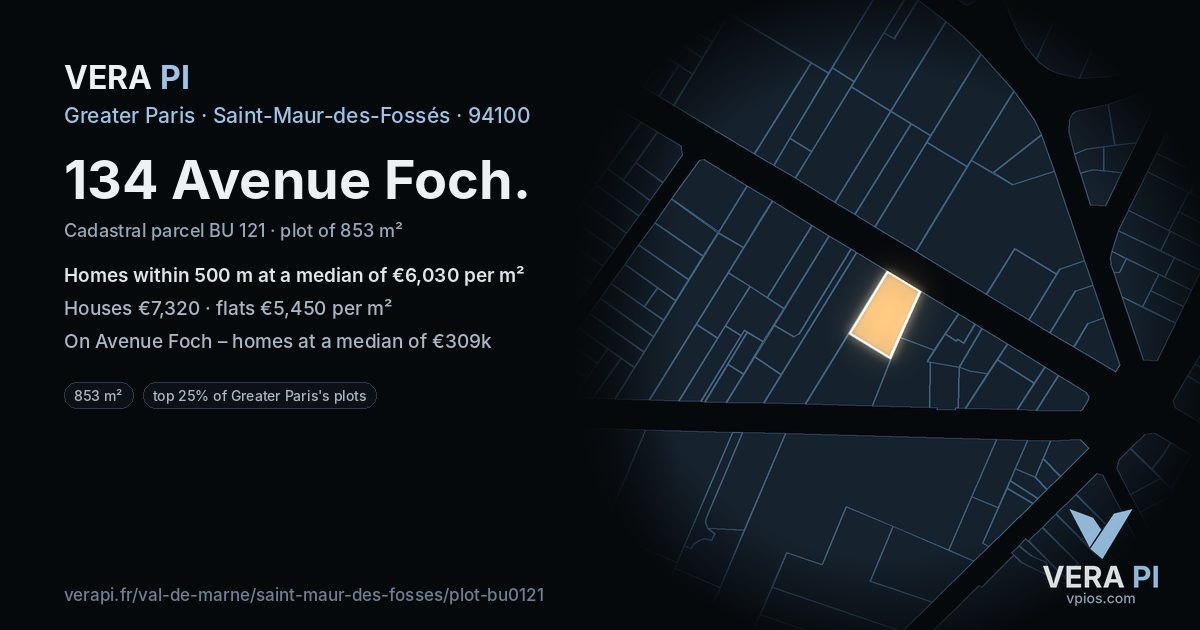 134 Avenue Foch, Saint-Maur-des-Fossés at night – the plot lit, the parcels around coloured by the prices near them