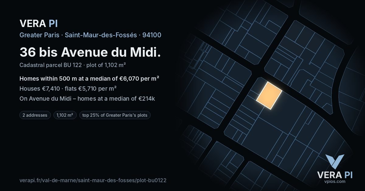 36 bis Avenue du Midi, Saint-Maur-des-Fossés at night – the plot lit, the parcels around coloured by the prices near them