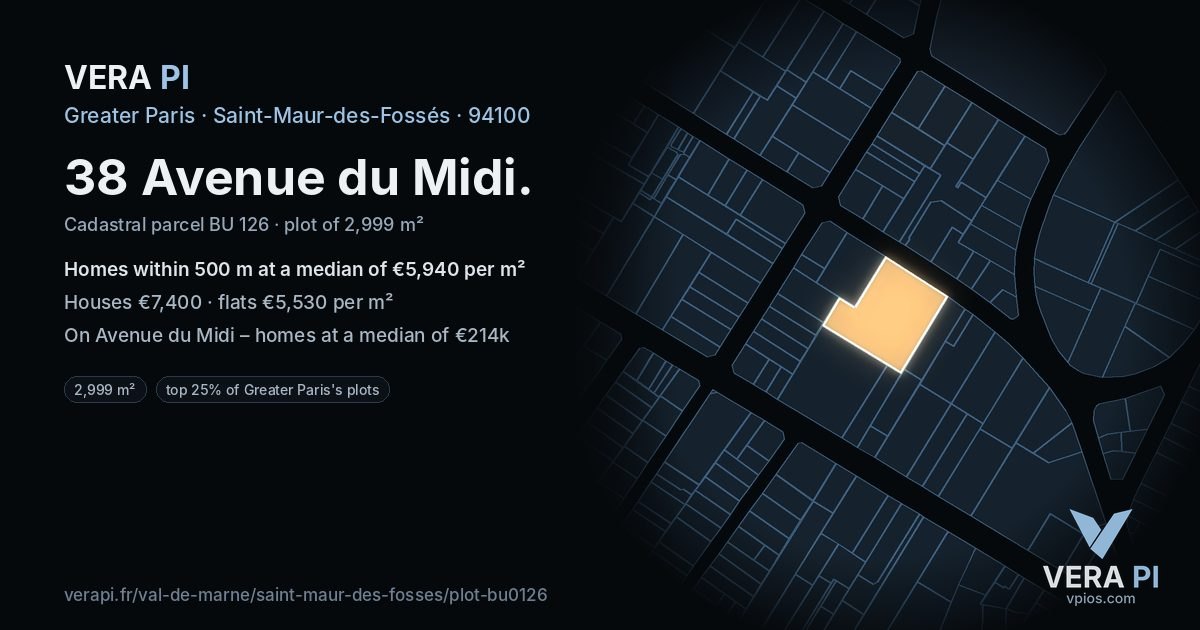 38 Avenue du Midi, Saint-Maur-des-Fossés at night – the plot lit, the parcels around coloured by the prices near them