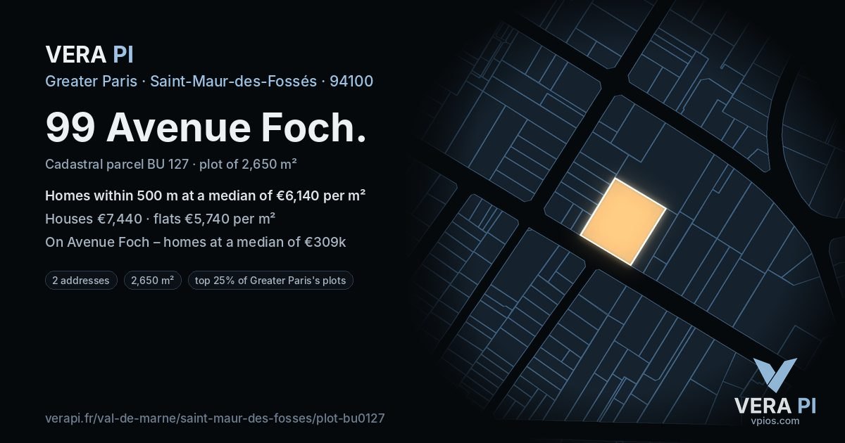 99 Avenue Foch, Saint-Maur-des-Fossés at night – the plot lit, the parcels around coloured by the prices near them