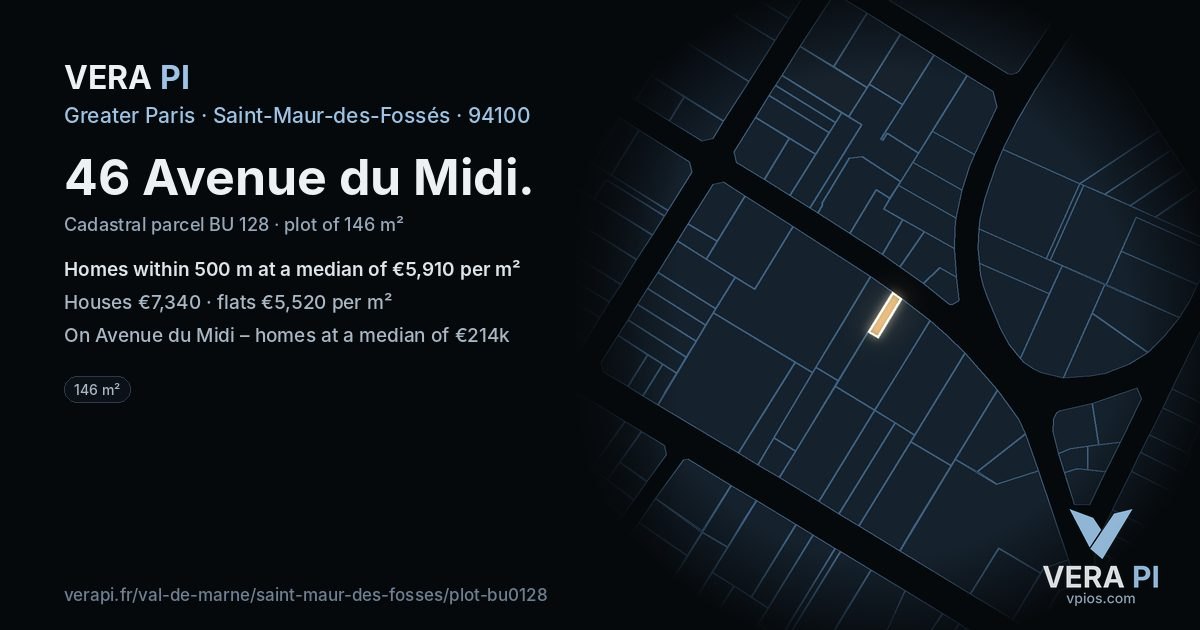 46 Avenue du Midi, Saint-Maur-des-Fossés at night – the plot lit, the parcels around coloured by the prices near them