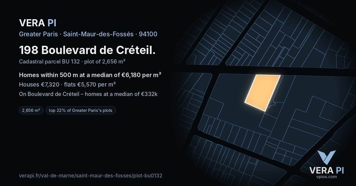 198 Boulevard de Créteil, Saint-Maur-des-Fossés at night – the plot lit, the parcels around coloured by the prices near them