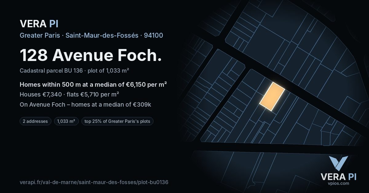 128 Avenue Foch, Saint-Maur-des-Fossés at night – the plot lit, the parcels around coloured by the prices near them